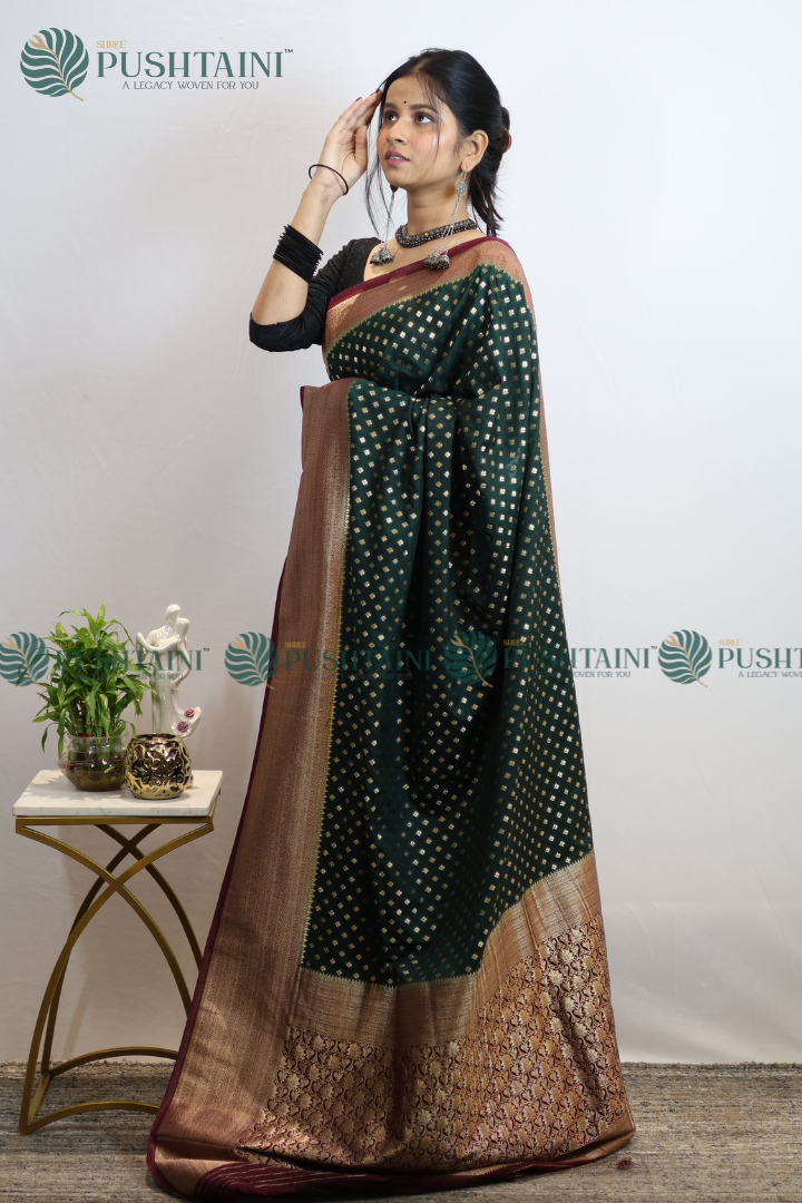 Bottel Green Colour Banarasi Crepe Georgette Zari Booti Saree