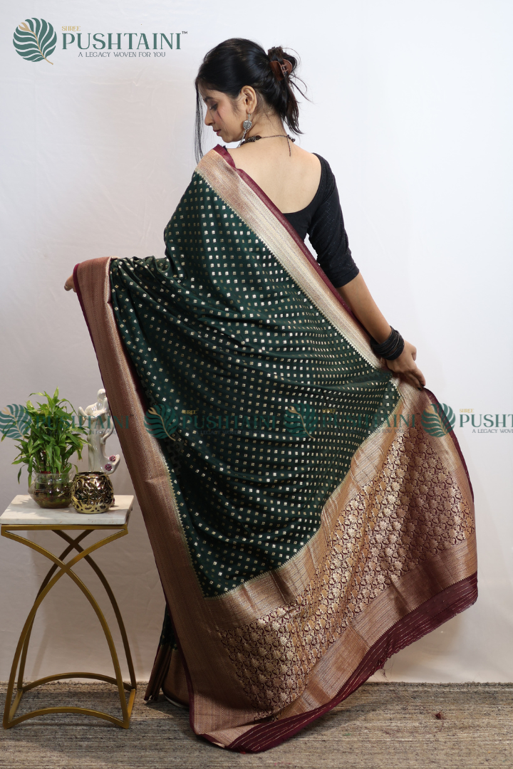 Bottel Green Colour Banarasi Crepe Georgette Zari Booti Saree