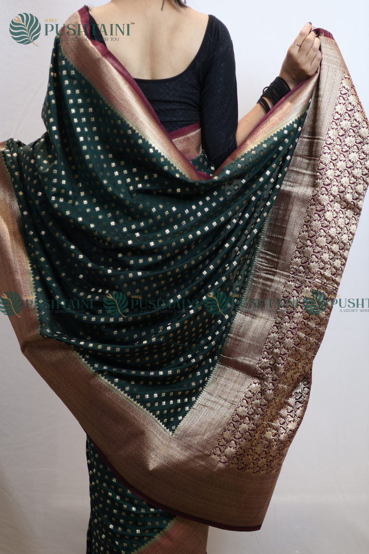 Bottel Green Colour Banarasi Crepe Georgette Zari Booti Saree
