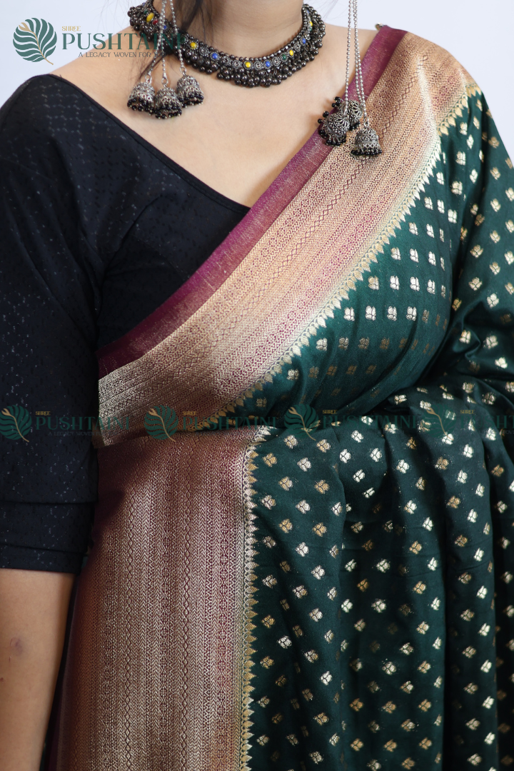 Bottel Green Colour Banarasi Crepe Georgette Zari Booti Saree