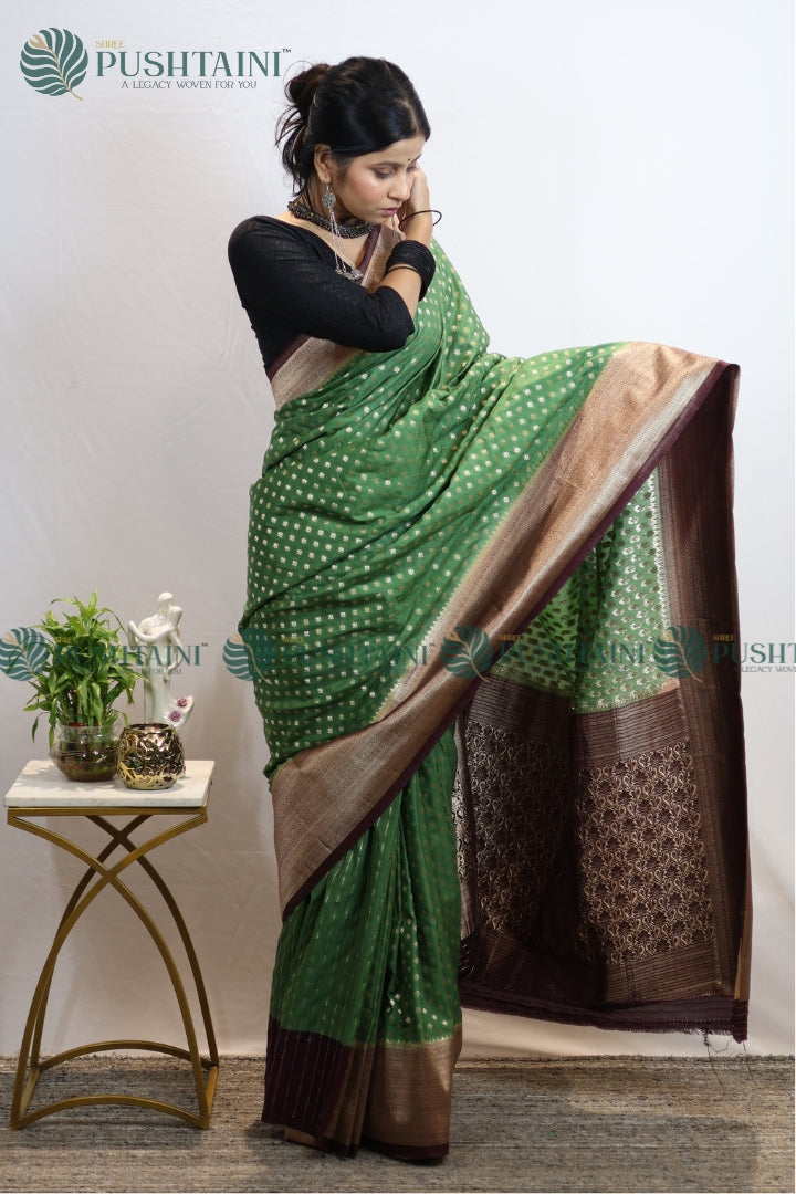 Mint Green Colour Banarasi Crepe Georgette Zari Booti Saree