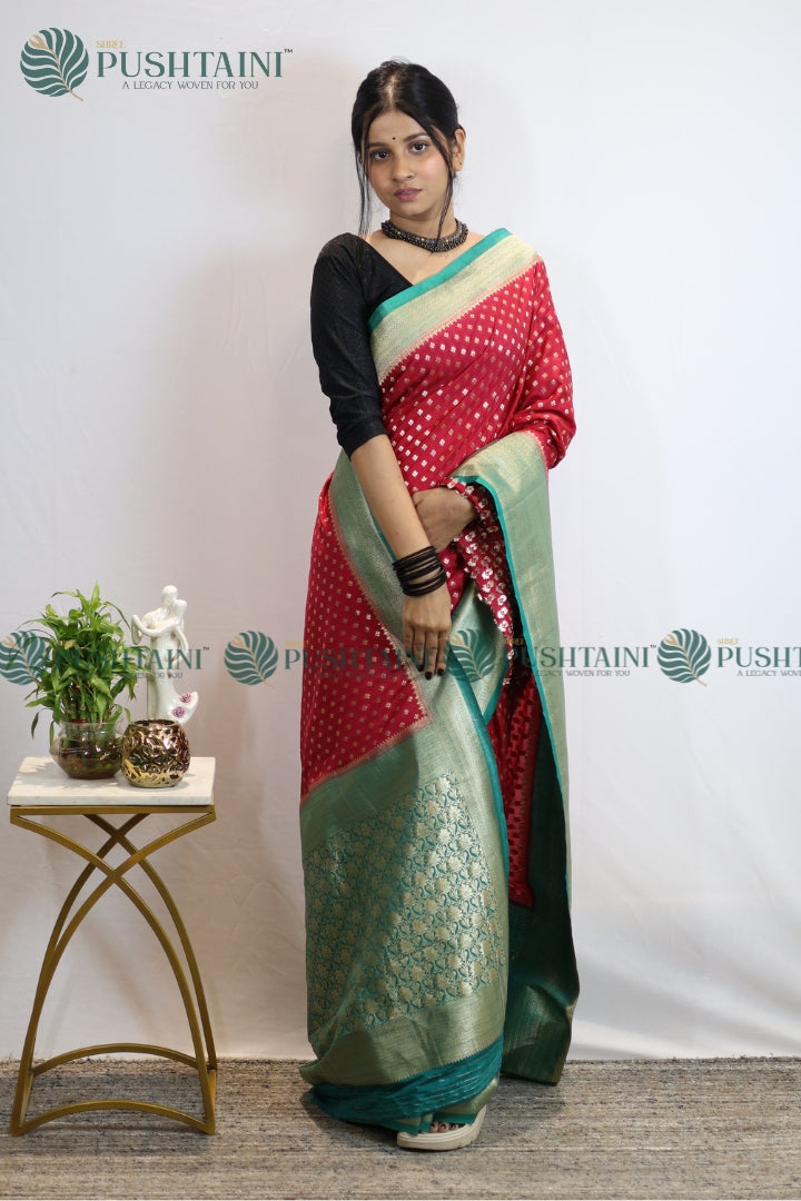 Red Green Colour Banarasi Crepe Georgette Zari Booti Saree