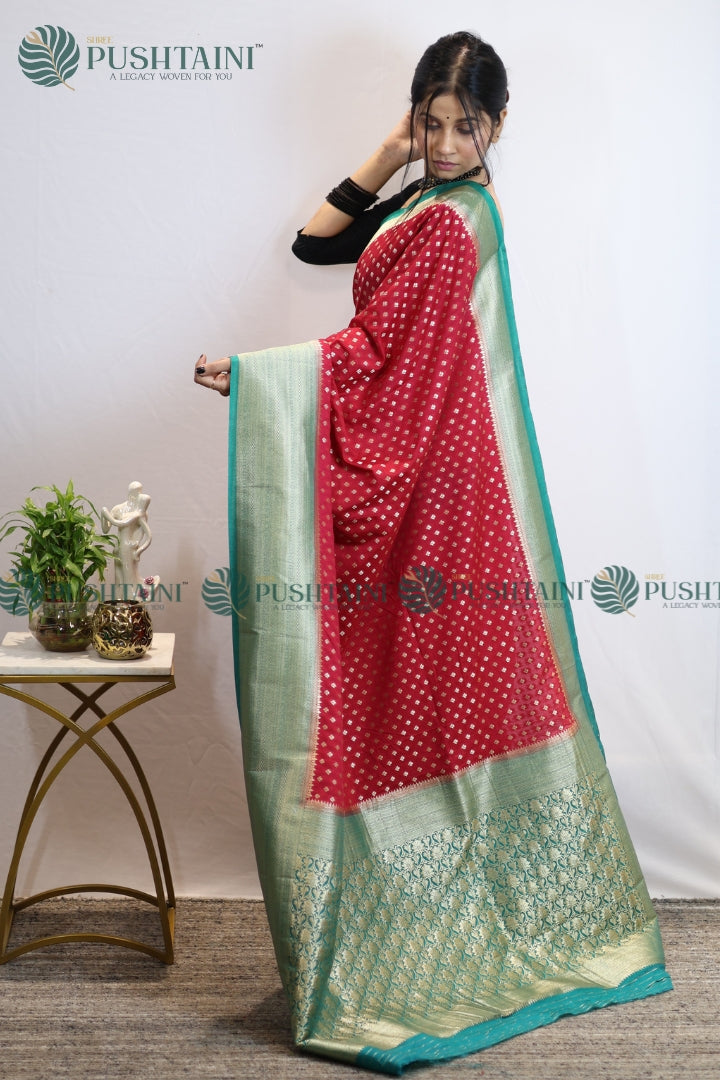 Red Green Colour Banarasi Crepe Georgette Zari Booti Saree