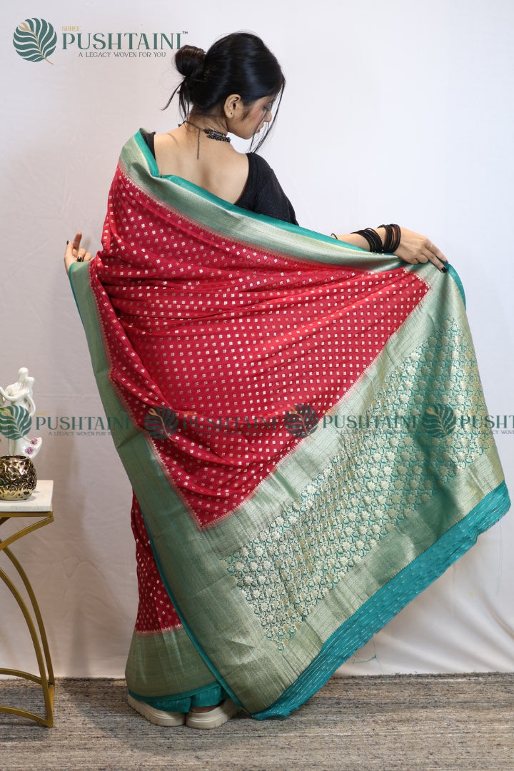 Red Green Colour Banarasi Crepe Georgette Zari Booti Saree