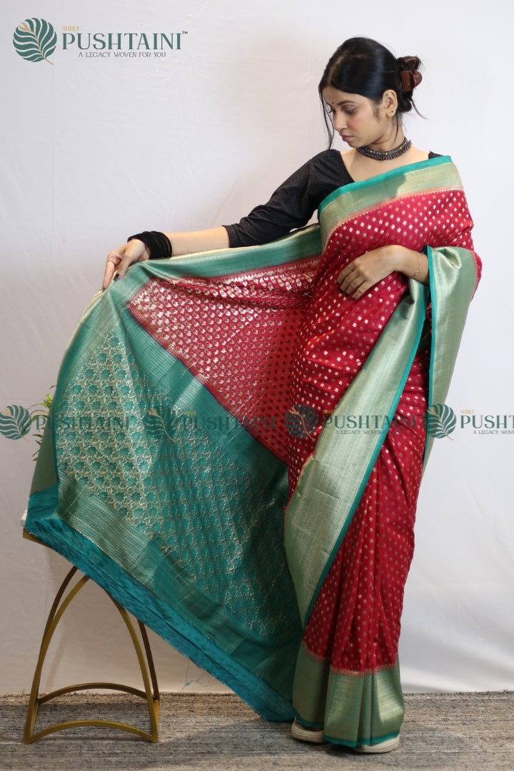 Red Green Colour Banarasi Crepe Georgette Zari Booti Saree