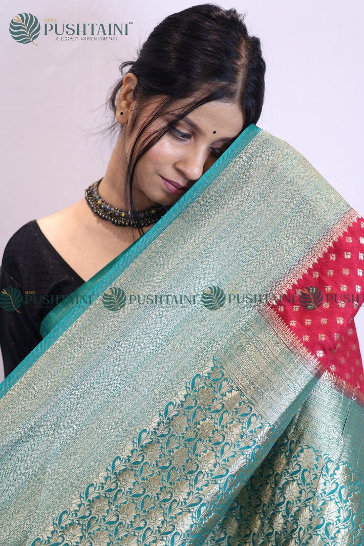 Red Green Colour Banarasi Crepe Georgette Zari Booti Saree