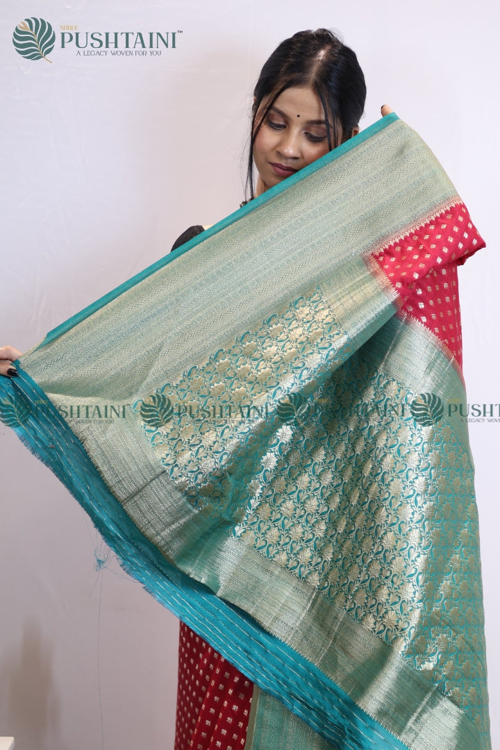 Red Green Colour Banarasi Crepe Georgette Zari Booti Saree