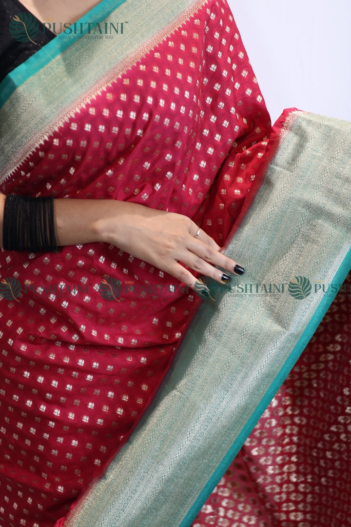 Red Green Colour Banarasi Crepe Georgette Zari Booti Saree