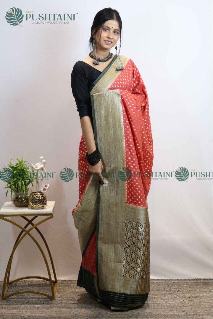 Peach Colour Banarasi Crepe Georgette Zari Booti Saree