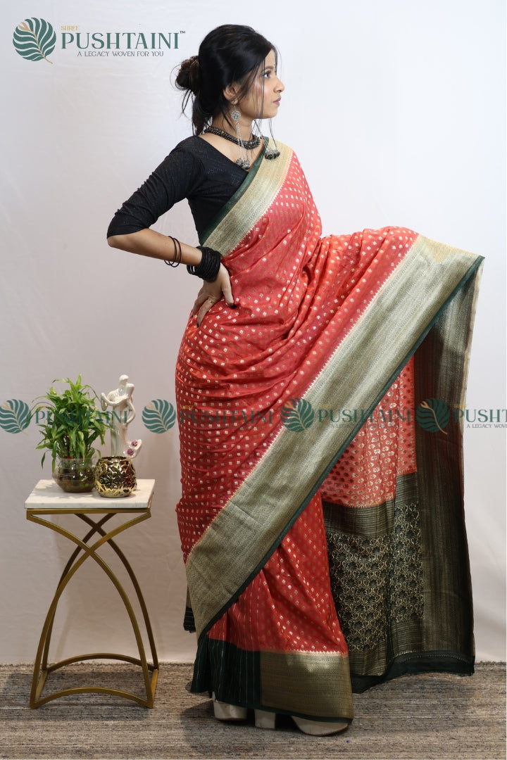 Peach Colour Banarasi Crepe Georgette Zari Booti Saree
