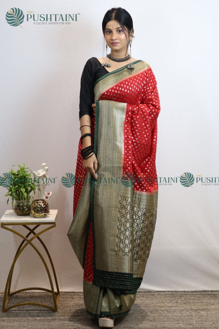 Vibrant Red Colour Banarasi Crepe Georgette Zari Booti Saree