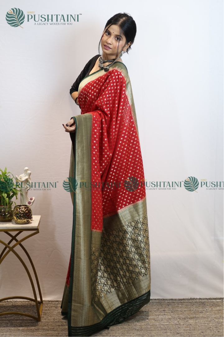 Vibrant Red Colour Banarasi Crepe Georgette Zari Booti Saree