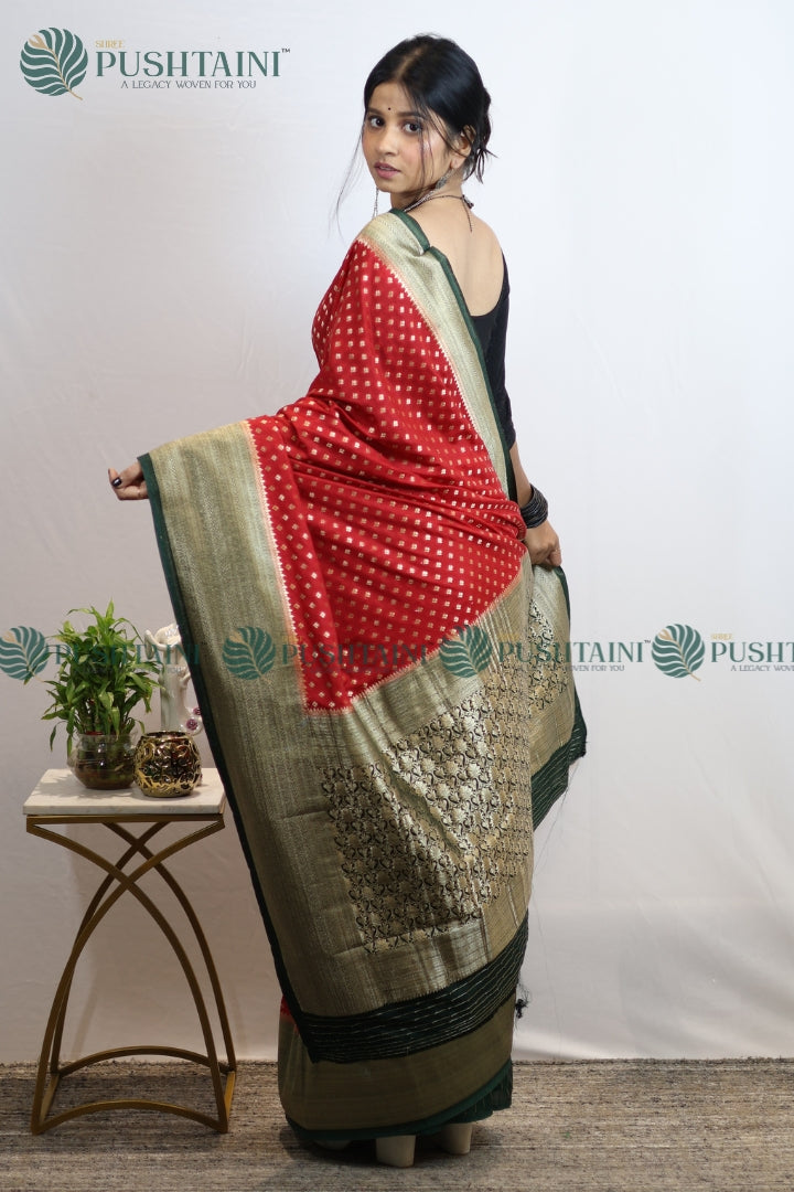 Vibrant Red Colour Banarasi Crepe Georgette Zari Booti Saree