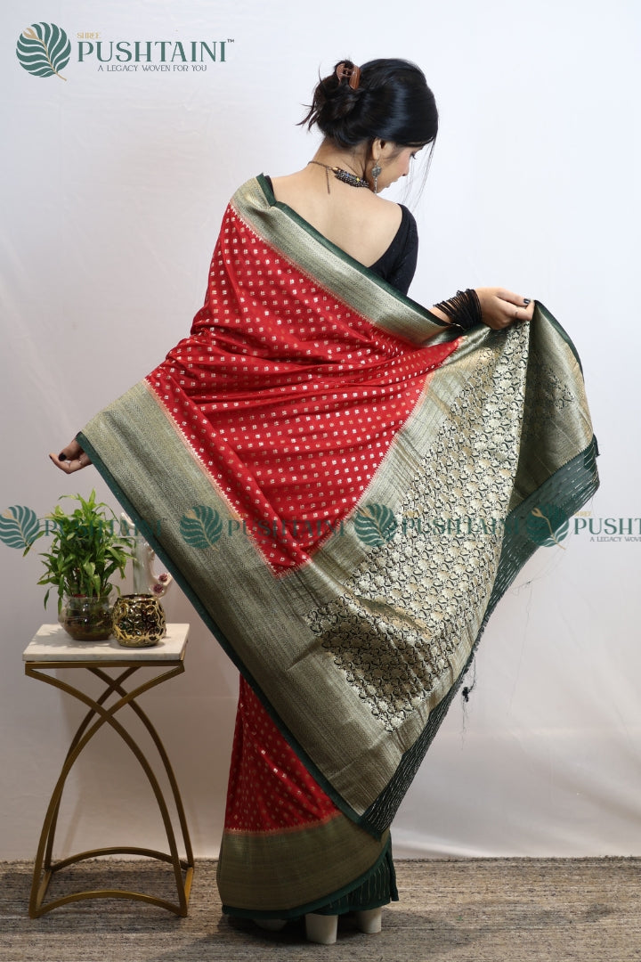 Vibrant Red Colour Banarasi Crepe Georgette Zari Booti Saree