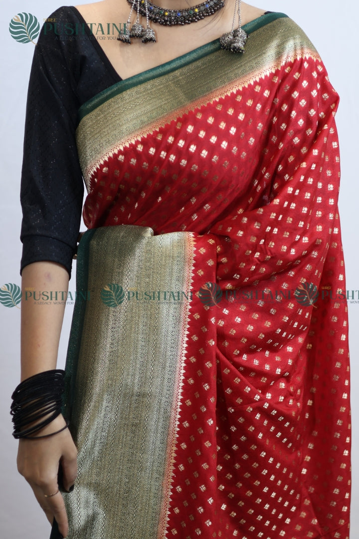 Vibrant Red Colour Banarasi Crepe Georgette Zari Booti Saree