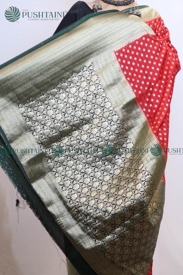 Vibrant Red Colour Banarasi Crepe Georgette Zari Booti Saree