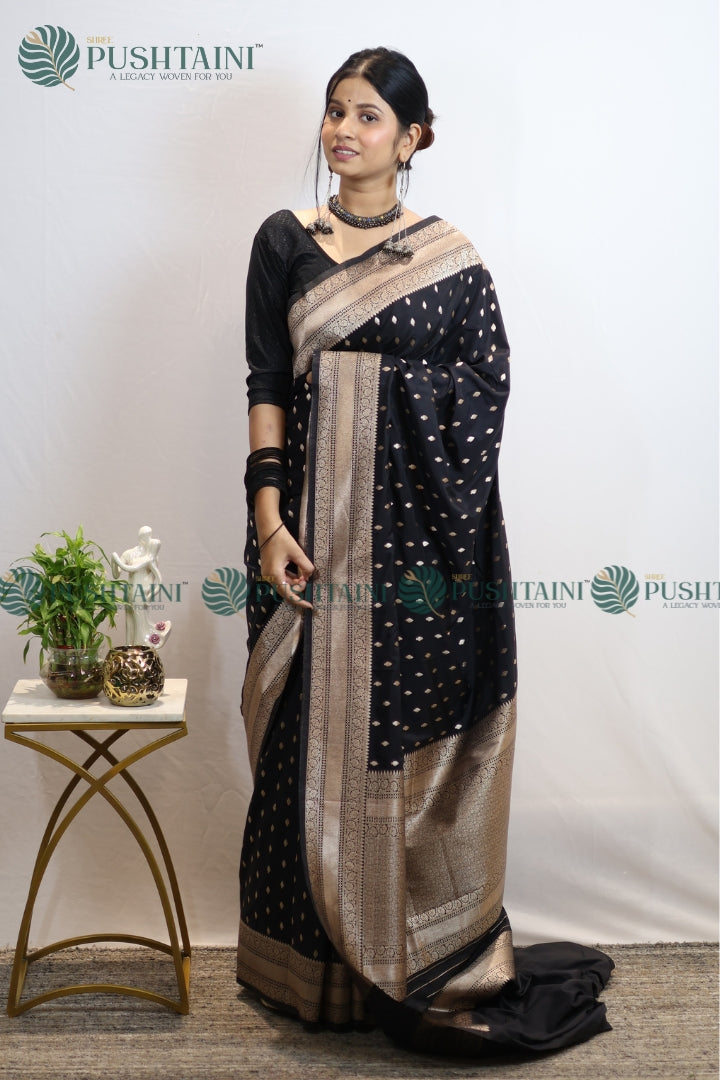 Black Mashru Silk Booti Work Banarasi Saree