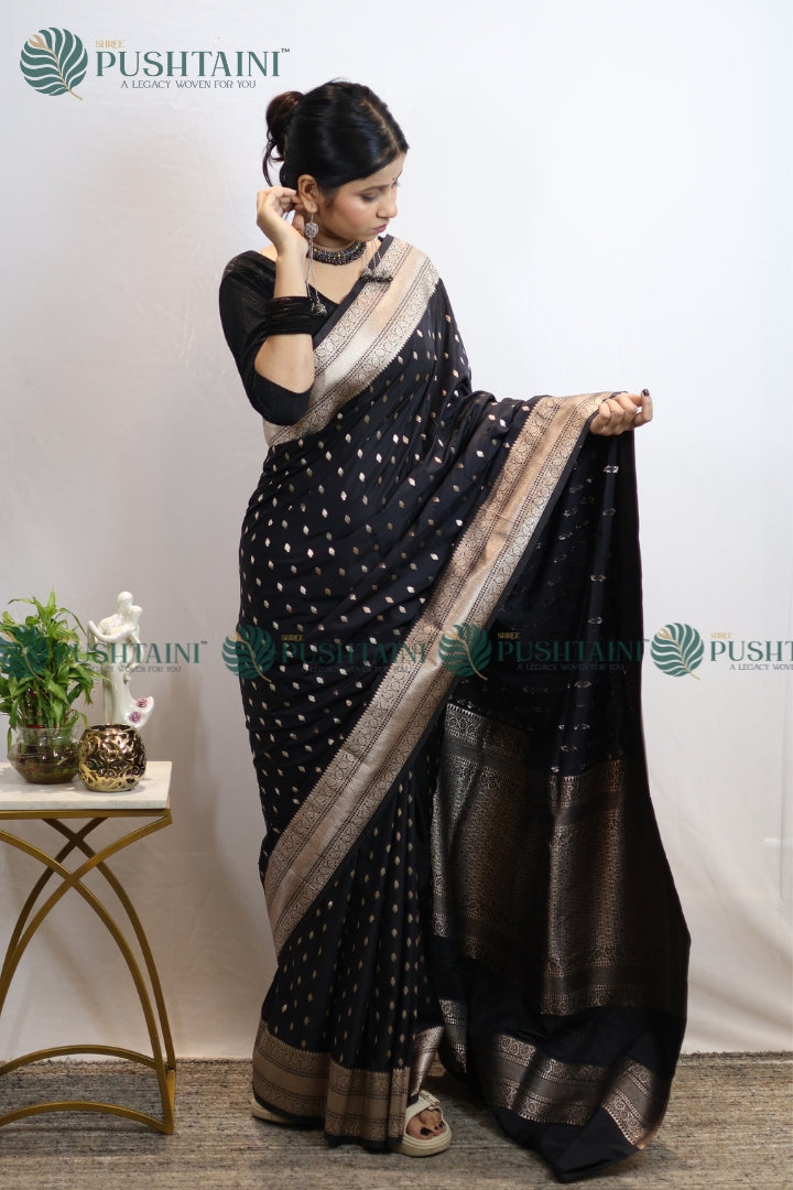 Black Mashru Silk Booti Work Banarasi Saree