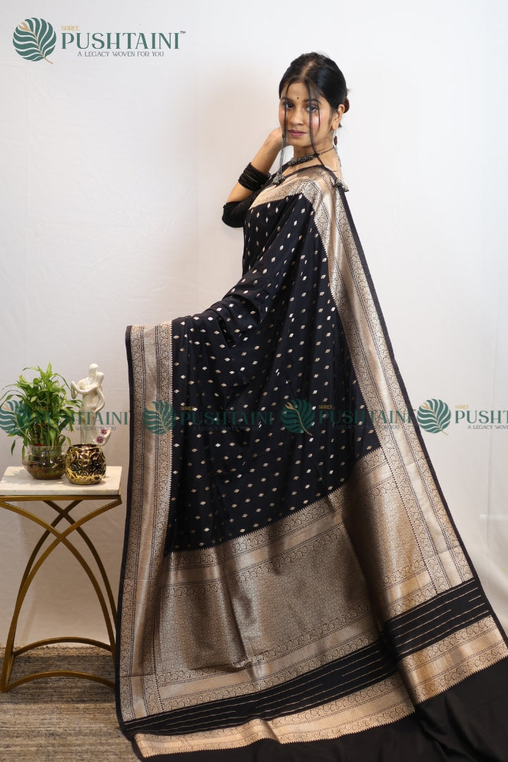 Black Mashru Silk Booti Work Banarasi Saree