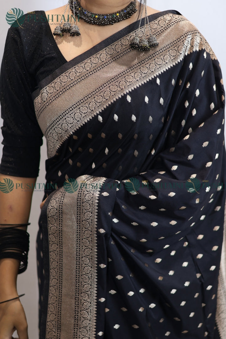 Black Mashru Silk Booti Work Banarasi Saree