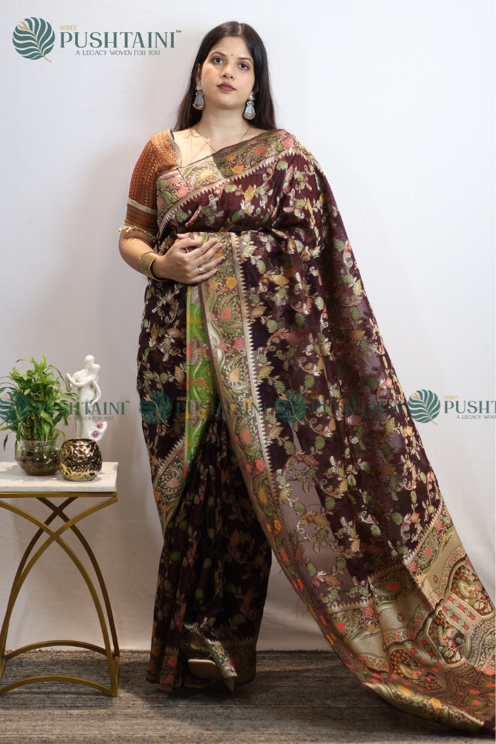 Brown Banarasi Kora Silk Jaal Saree