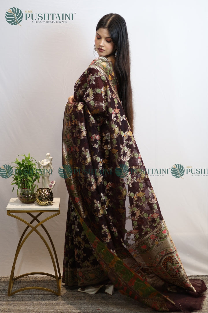 Brown Banarasi Kora Silk Jaal Saree