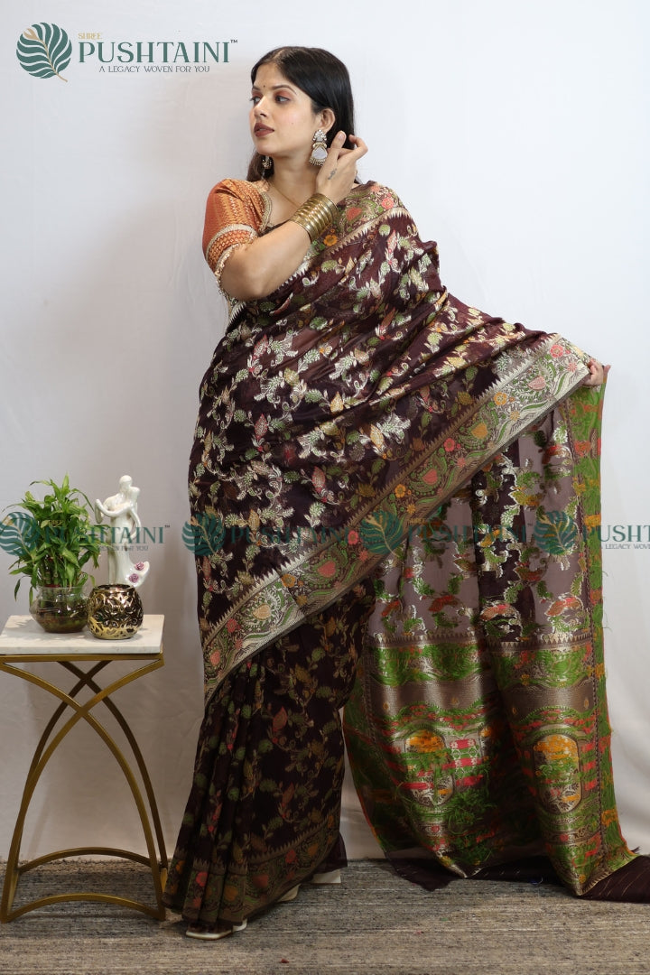 Brown Banarasi Kora Silk Jaal Saree