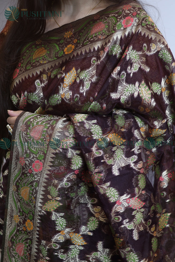 Brown Banarasi Kora Silk Jaal Saree