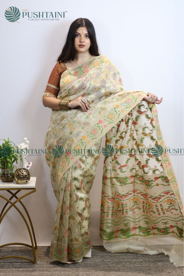 Cream Banarasi Kora Silk Jaal Saree