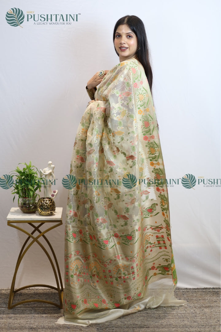 Cream Banarasi Kora Silk Jaal Saree