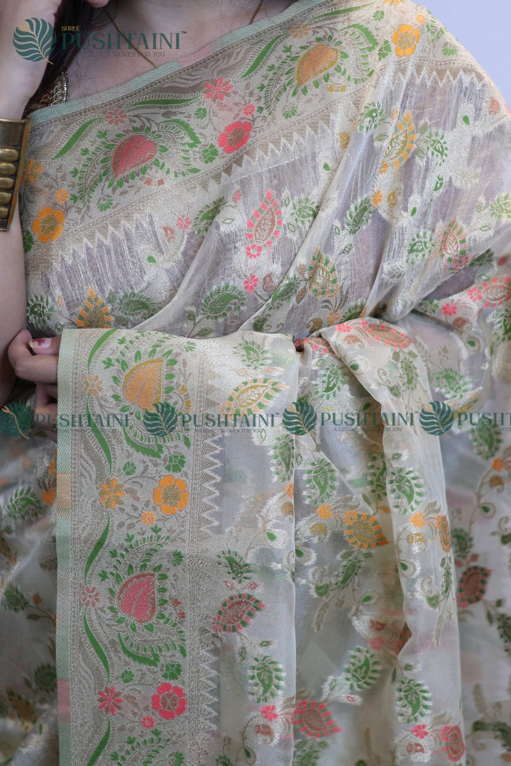 Cream Banarasi Kora Silk Jaal Saree