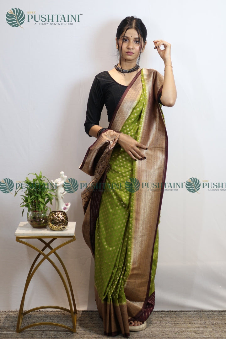 Grass Green Colour Banarasi Crepe Georgette Zari Booti Saree