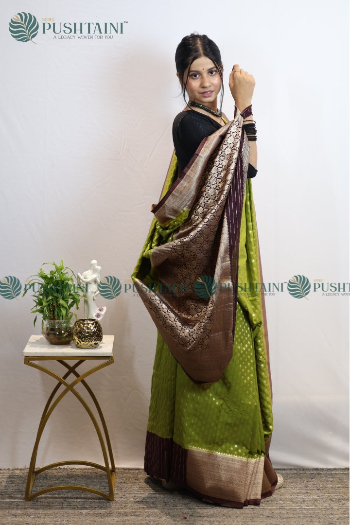 Grass Green Colour Banarasi Crepe Georgette Zari Booti Saree