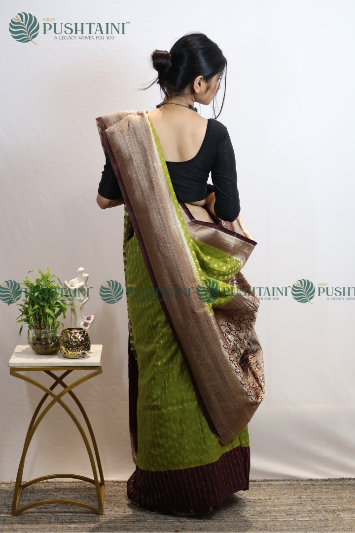 Grass Green Colour Banarasi Crepe Georgette Zari Booti Saree