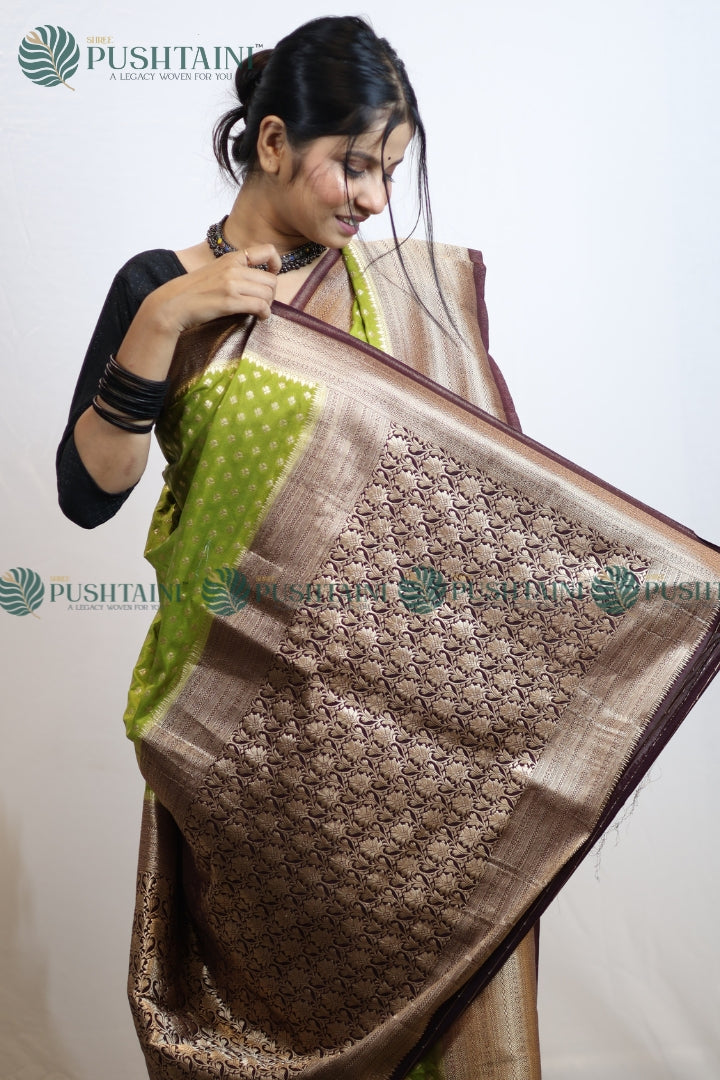 Grass Green Colour Banarasi Crepe Georgette Zari Booti Saree