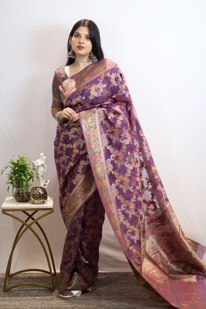 Lavishing Purple Banarasi Kora Silk Jaal Saree