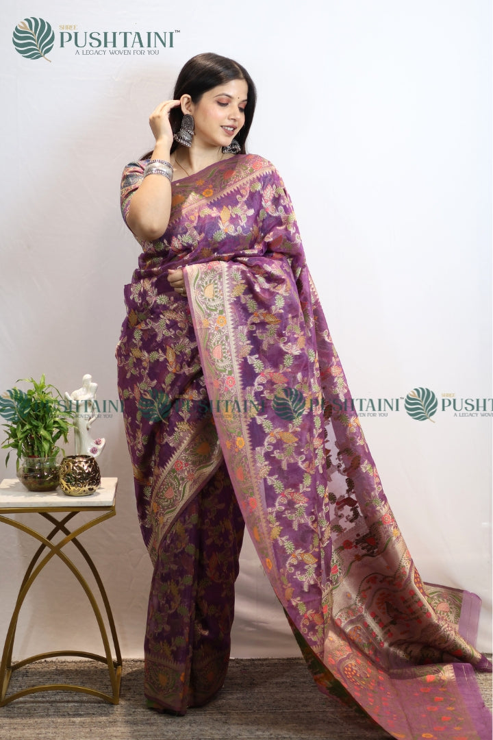 Lavishing Purple Banarasi Kora Silk Jaal Saree