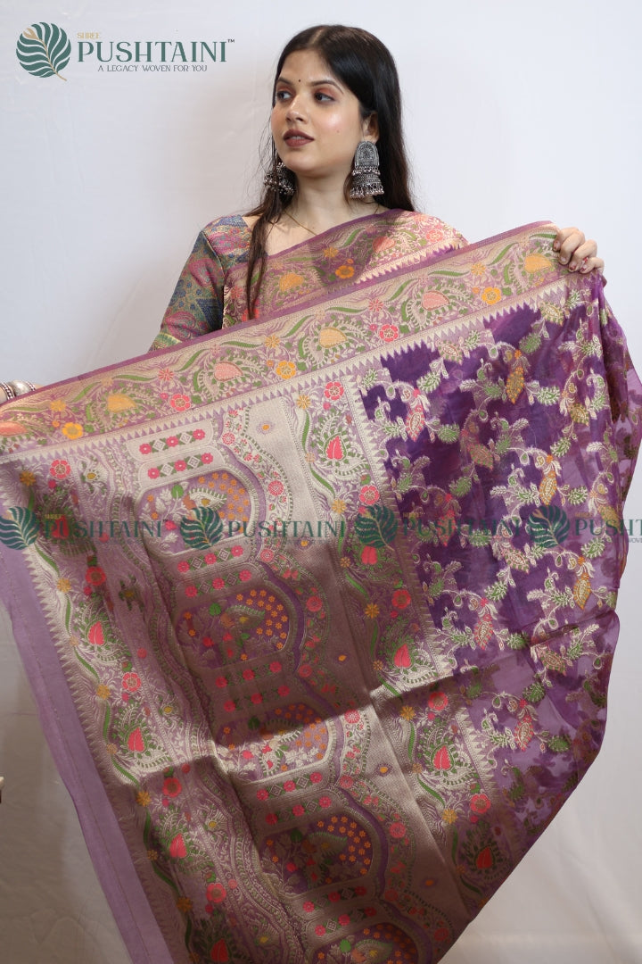 Lavishing Purple Banarasi Kora Silk Jaal Saree