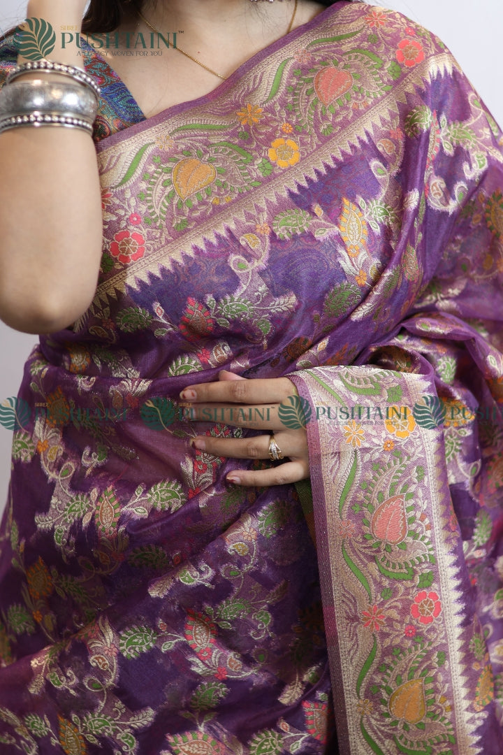 Lavishing Purple Banarasi Kora Silk Jaal Saree