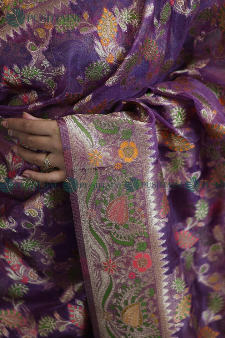 Lavishing Purple Banarasi Kora Silk Jaal Saree