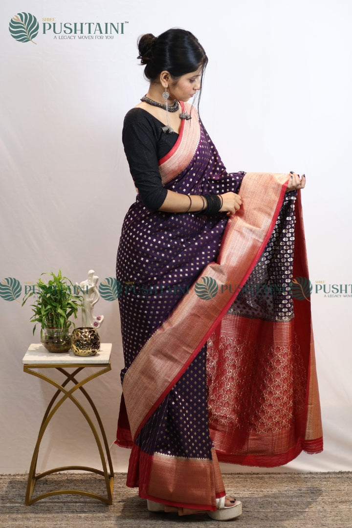 Vibrant Purple Colour Banarasi Crepe Georgette Zari Booti Saree