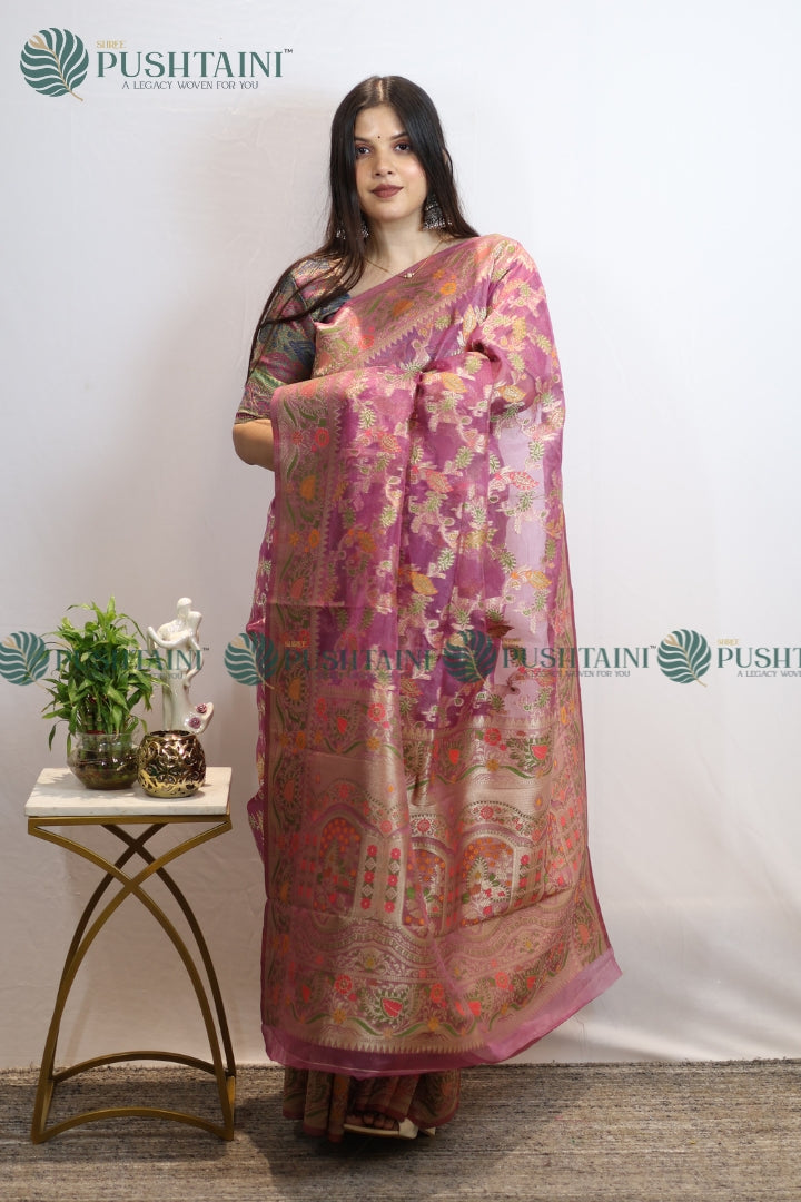 Light Purple Banarasi Kora Silk Jaal Saree