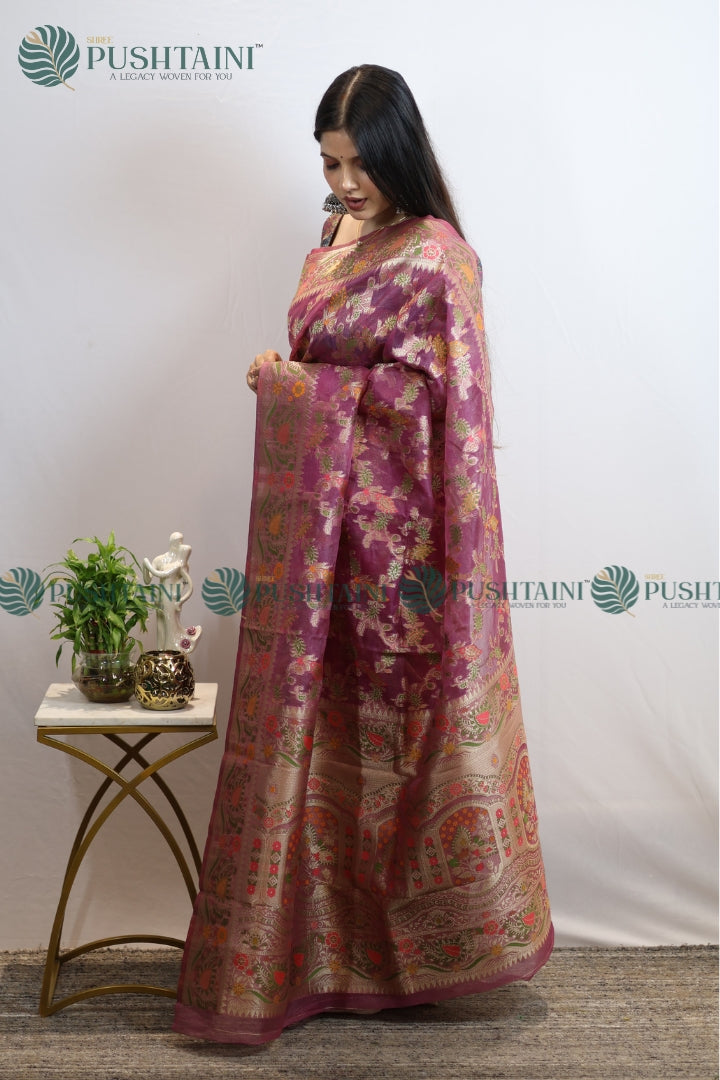 Light Purple Banarasi Kora Silk Jaal Saree
