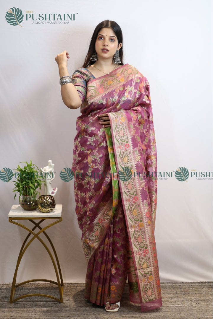 Light Purple Banarasi Kora Silk Jaal Saree