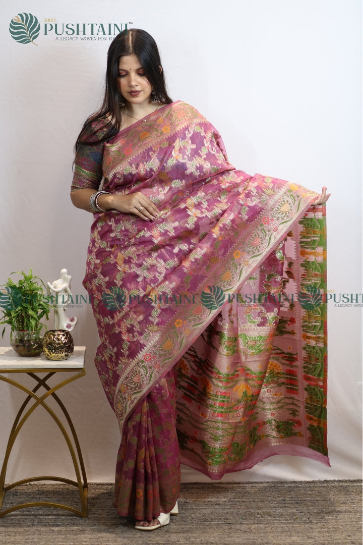 Light Purple Banarasi Kora Silk Jaal Saree