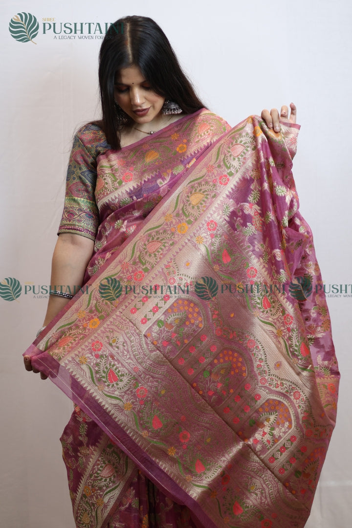 Light Purple Banarasi Kora Silk Jaal Saree