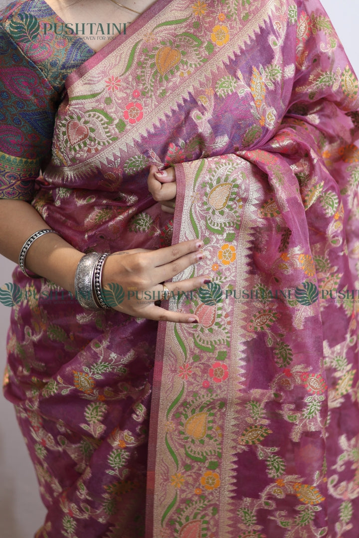 Light Purple Banarasi Kora Silk Jaal Saree