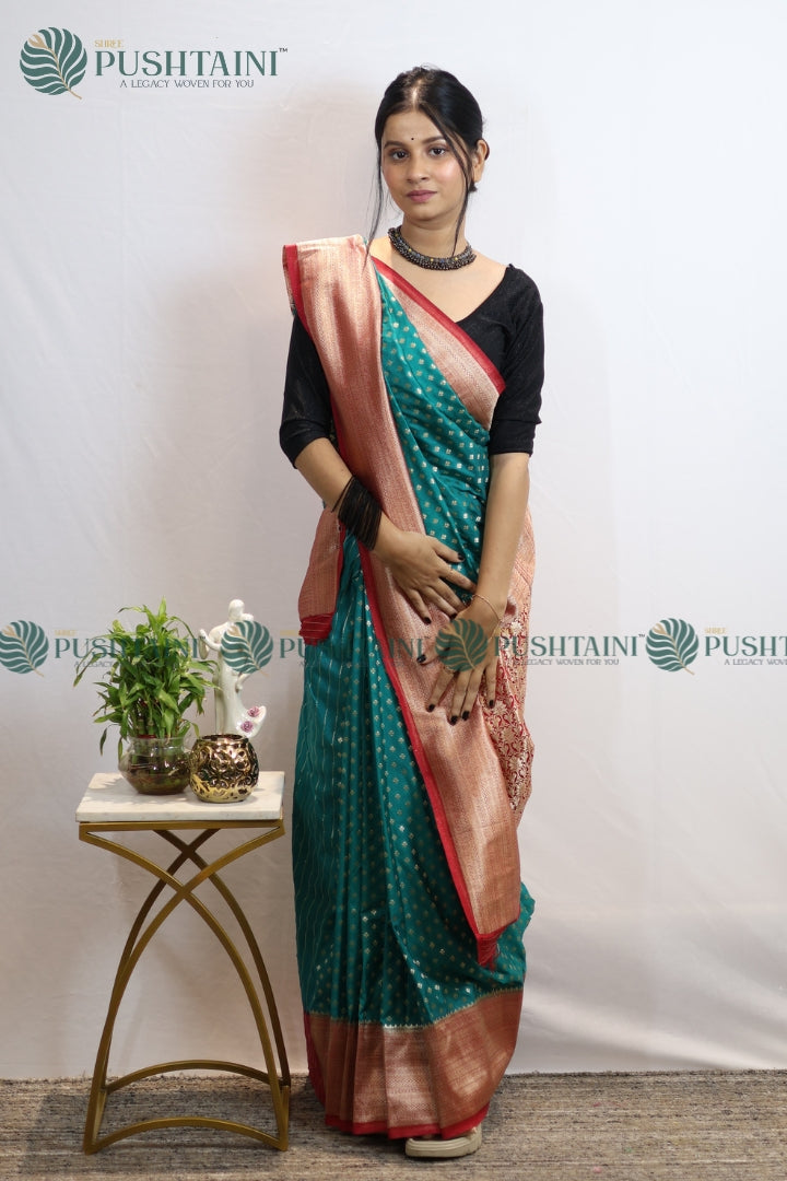 Sea Green Colour Banarasi Crepe Georgette Zari Booti Saree