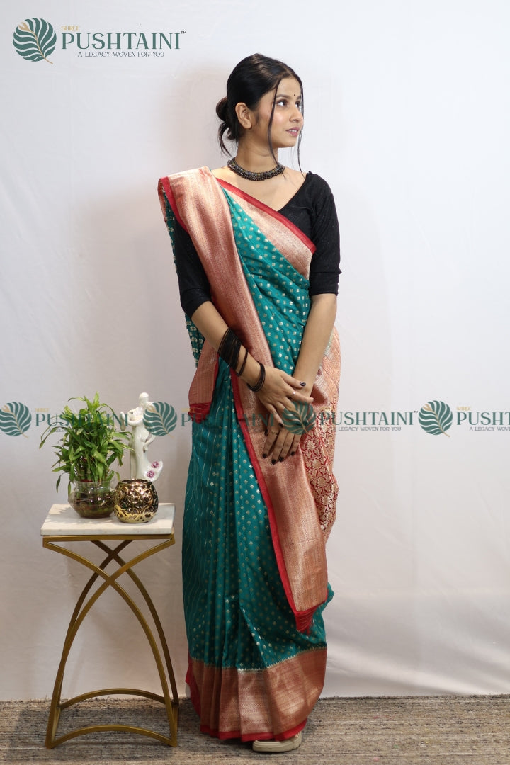 Sea Green Colour Banarasi Crepe Georgette Zari Booti Saree