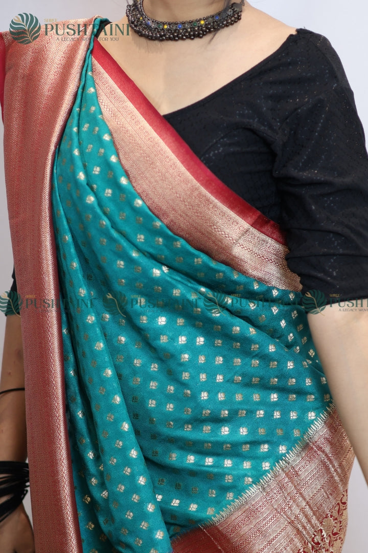 Sea Green Colour Banarasi Crepe Georgette Zari Booti Saree